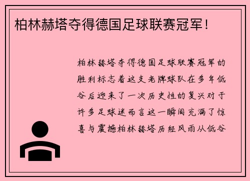 柏林赫塔夺得德国足球联赛冠军！