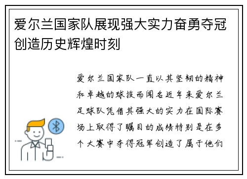 爱尔兰国家队展现强大实力奋勇夺冠创造历史辉煌时刻