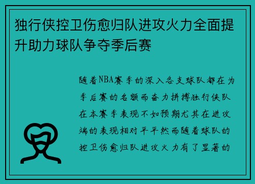 独行侠控卫伤愈归队进攻火力全面提升助力球队争夺季后赛
