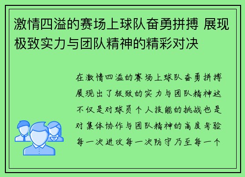 激情四溢的赛场上球队奋勇拼搏 展现极致实力与团队精神的精彩对决