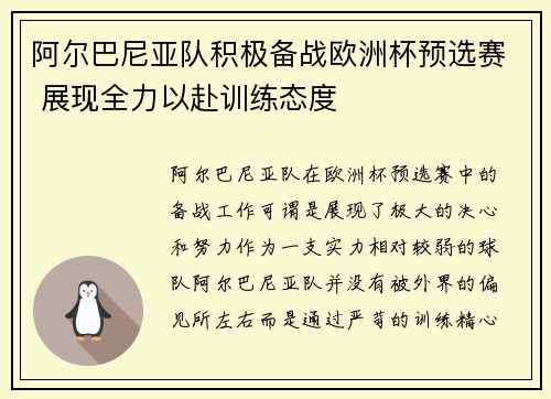 阿尔巴尼亚队积极备战欧洲杯预选赛 展现全力以赴训练态度