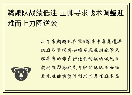 鹈鹕队战绩低迷 主帅寻求战术调整迎难而上力图逆袭