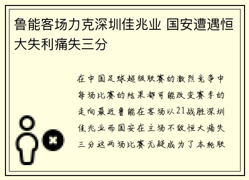鲁能客场力克深圳佳兆业 国安遭遇恒大失利痛失三分